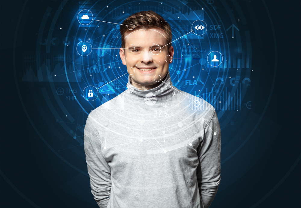 Facial recognition biometric technology and artificial intelligence concept. Facial recognition biometric technology and artificial intelligence concept.