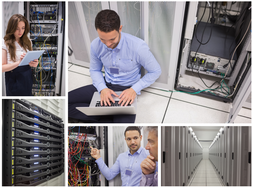 Collage of data center workers at work together and alone Collage of data center workers at work together and alone